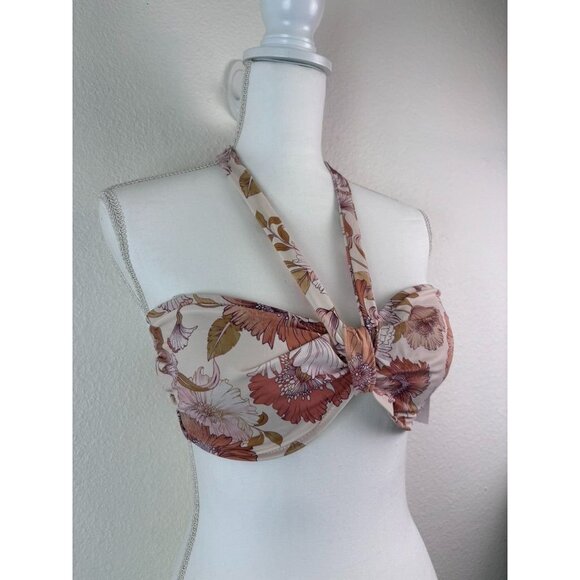 Shade and Shore 34D pink floral halter tie bandeau underwire bikini top NWT - Picture 2 of 5